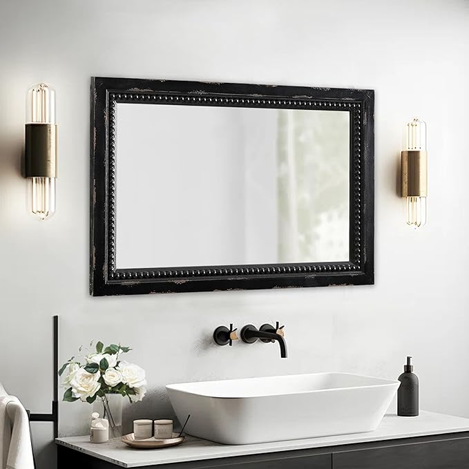Rustic Black Mirror with Beaded Detailing 29 X 20 Inch, Wall Hanging Distressed Wood Frame Rectangular Gothic Wall-Mounted Mirrors for Living Room Bathroom Entryway, Horizontal or Vertical