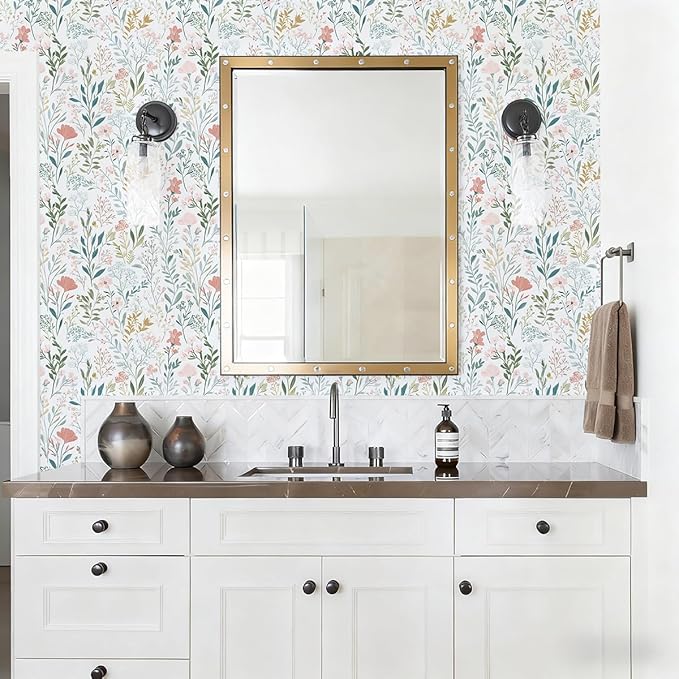 Floral Peel and Stick Wallpaper Boho Floral Contact Paper 16.9" x 118.1" Modern Wildflower Self Adhesive Wallpaper for Bathroom Flower Decorative Removable Wall Paper for Bedroom Cabinets