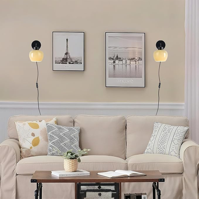 Modern Wall Sconces - Olive Green Milk Glass Plug-in Wall Lamp with Matte Black Finish, Industrial Boho Lighting for Bedroom, Living Room