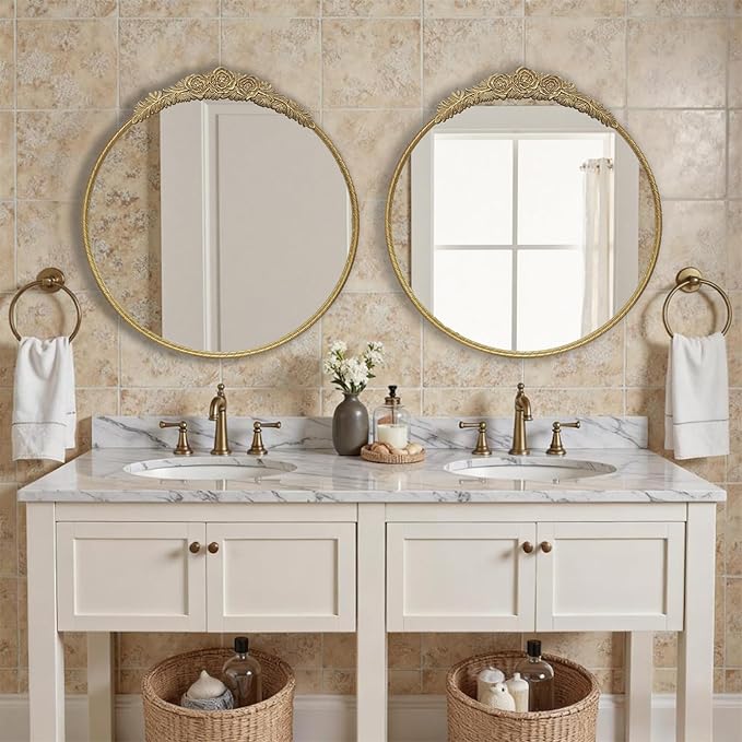 Growsun Round Wall Mirror with Vintage Gold Floral Frame – 24 Inch Decorative Wall Mirror for Living Room, Bedroom, Entryway, Bathroom Vanity – Elegant Antique Accent Home Décor