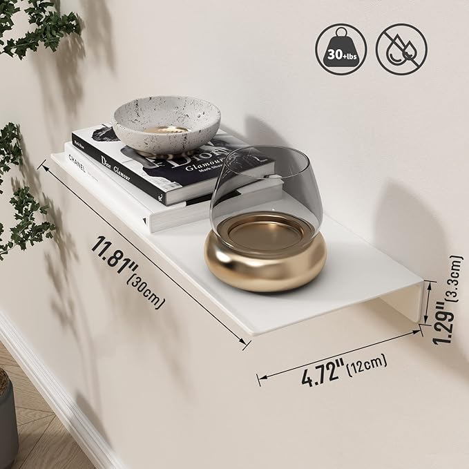 Danpoo White Floating Shelf for Wall Storage, Metal Wall Shelf for Living Room/Bathroom/Kitchen/Bedroom, 12” Small Display Shelf for Collectibles