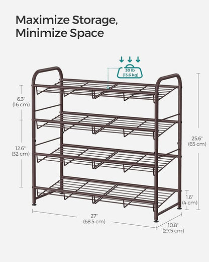 SONGMICS Stackable Shoe Rack, 4 Tier Metal Shoes Rack Storage Shelf, Holds up to 16 Pairs Shoes, Adjustable Slanted Shelves Tower Organizer for Closet Entryway Small Spaces, Bronze