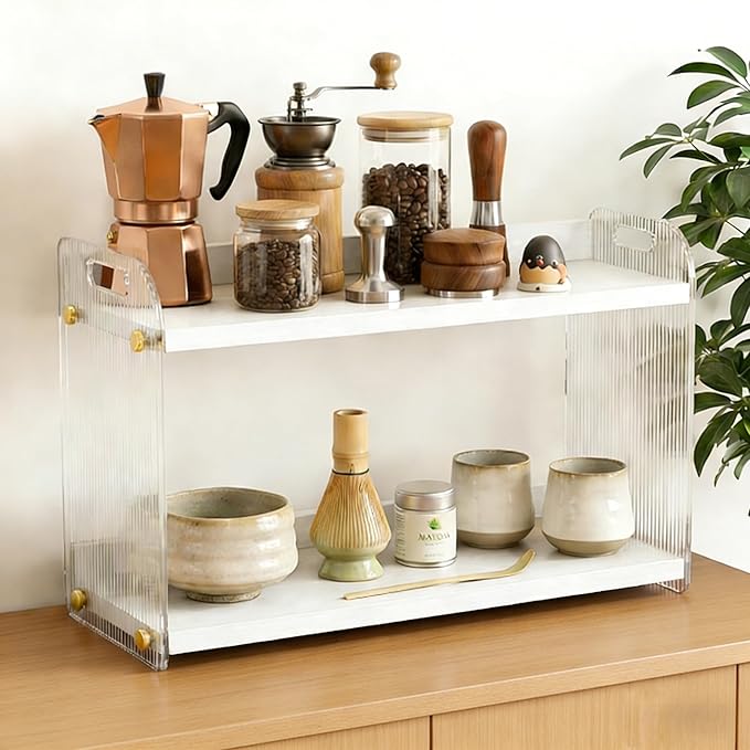 2 Tier Coffee Station Organizer - Acrylic & Pine Wood coffee bar shelf, Easy-to-Clean matcha station for Kitchen Countertops, for Placing Mugs, Coffee Beans, Syrup etc.(15.75