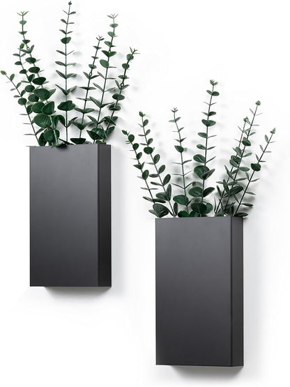 2 Pack Metal Wall Planter Vases Decor with Artificial Eucalyptus, Modern Farmhouse Rustic Hanging Pocket Planters for Indoor Greenery and Flowers, Living Room Bedroom Kitchen and Stairway Decoration