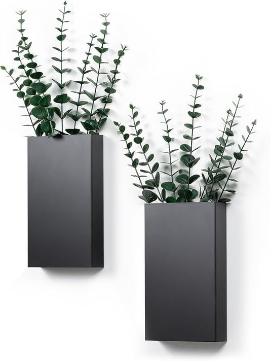 2 Pack Metal Wall Planter Vases Decor with Artificial Eucalyptus, Modern Farmhouse Rustic Hanging Pocket Planters for Indoor Greenery and Flowers, Living Room Bedroom Kitchen and Stairway Decoration