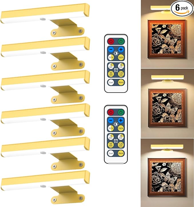 6Pack Wireless Picture Light with Remote,Battery Operated Wall Sconces for Wall Decor,3 Color Timer&Dimmable Paintings Light LED Art Display Lamp Picture Frame Light for Artwork Posters Gallery-Gold