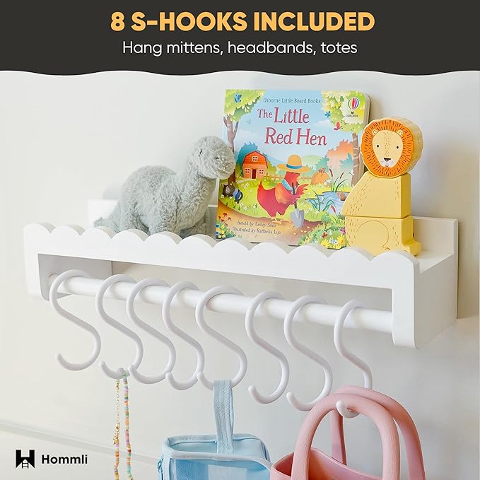 Nursery Book Shelves, Scalloped Shelves, 4-Pack White Set with 1 Hanging Rod and 8 S-Hooks for Kids’ Rooms and Baby décor