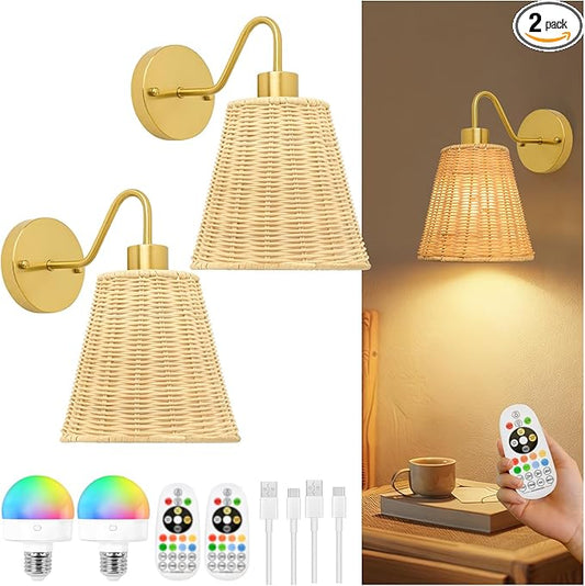 Rattan Rechargeable Battery Operated Wall Sconces Set of 2, Wireless Battery Operated Wall Lights with Remote, 12 Color LED Dimmable 5000mAh Boho Lighting for Bedroom Living Room Hallway