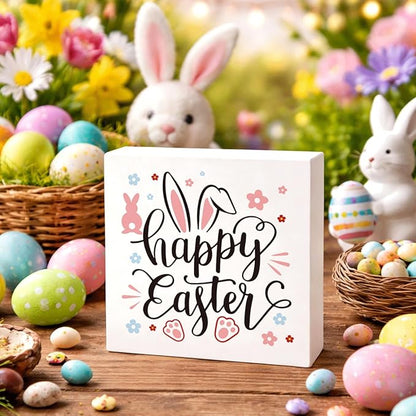 Easter Decorations for Home Happy Easter Bunny Wooden Sign, Spring Farmhouse Table Decor, Cute Easter Desk Decorations, Office Shelf Plaque, Holiday Gift for Family Friends