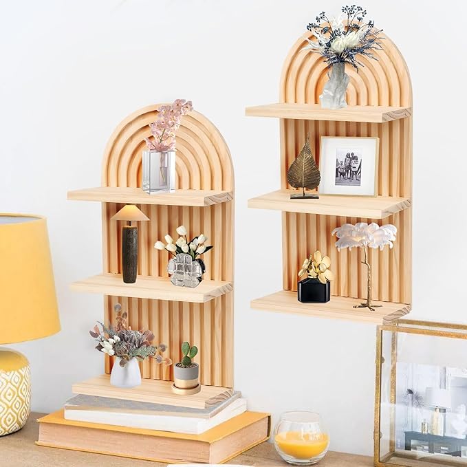 Qivine Boho Wall Shelf 2 Pcs 3 Tier Shelves for Room Wall Wood Floating Shelf with Arched Wood Design Walls Mounted for Living Room, Bedroom, Bathroom Decor (Primary, 3-Tier)