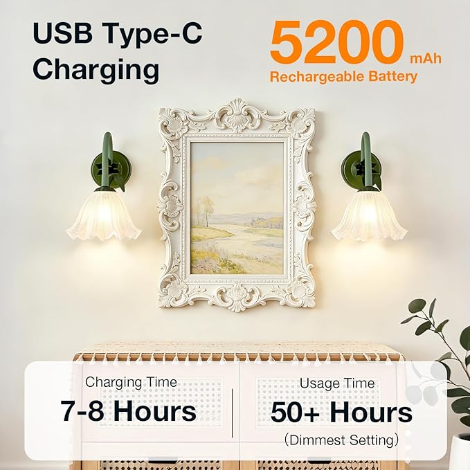 Battery Operated Cordless Flower Wall Sconce Set of 2 (Green), Stepless Dimming Magnetic Wireless Wall Lamp, 5200mAh Rechargeable Battery, for Living Room Bedroom Hallway Corridor