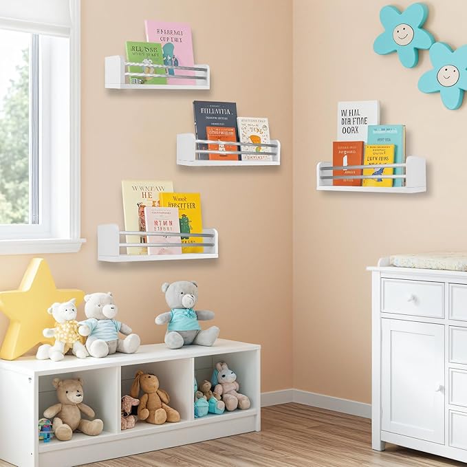Nursery Wall Book Shelves Set of 4, 16" Solid Pine Wood Floating Book Ledges with Dual Safety Rails, Wall Mounted Kids Bookshelf for Baby & Toddler Books, Toys & Decor, Reversible Install, Silver