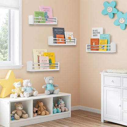 Nursery Wall Book Shelves Set of 4, 16" Solid Pine Wood Floating Book Ledges with Dual Safety Rails, Wall Mounted Kids Bookshelf for Baby & Toddler Books, Toys & Decor, Reversible Install, Silver