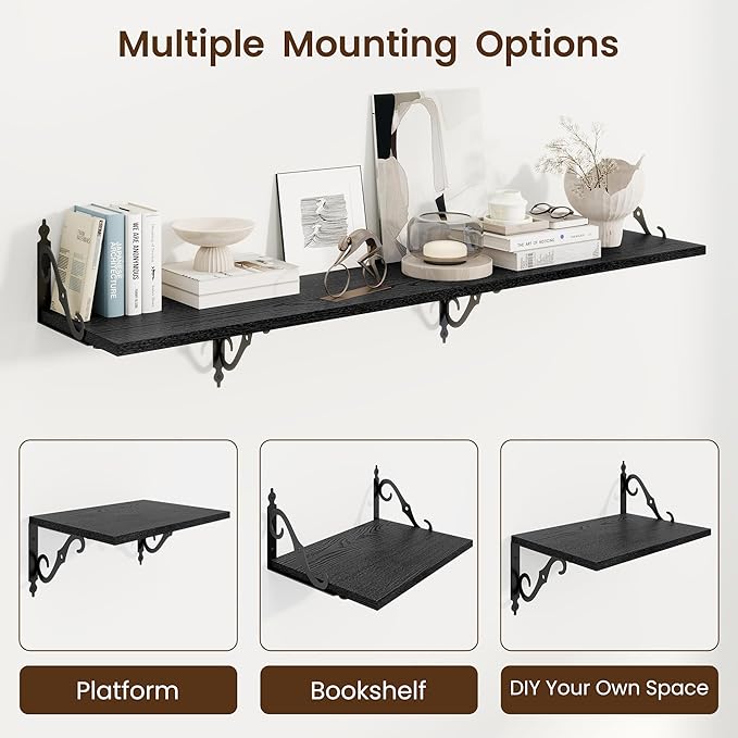 RICHFOCUS 12 Inch Deep Floating Shelves for Wall, 16" W x 12" D Black Wood Wall Shelves Set of 2, Wide Floating Shelves for Living Room, Bedroom, Kitchen, Bathroom and Decor Storage, Black