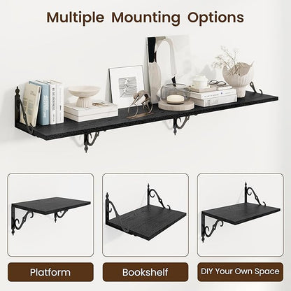 RICHFOCUS 12 Inch Deep Floating Shelves for Wall, 16" W x 12" D Black Wood Wall Shelves Set of 2, Wide Floating Shelves for Living Room, Bedroom, Kitchen, Bathroom and Decor Storage, Black