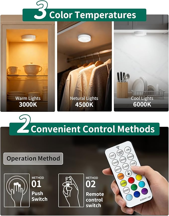 4-Pack Puck Lights with Remote, 1800mAh Rechargeable Under Cabinet Lighting, 3 Color Temps & 7 RGB Colors, Long-Lasting Dimmable Stick-On Lights for Cabinet, Kitchen, Shelf, Party