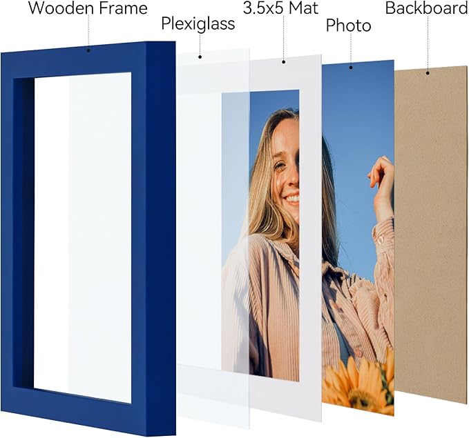 Vittanly 4x6 Picture Frames Set of 4, Display Pictures 3.5x5 with Mat or 4x6 without Mat, Small Photo Frames for Wall or Tabletop Display, Engineered Wood with Shatter Resistant Plexiglass, Royal Blue