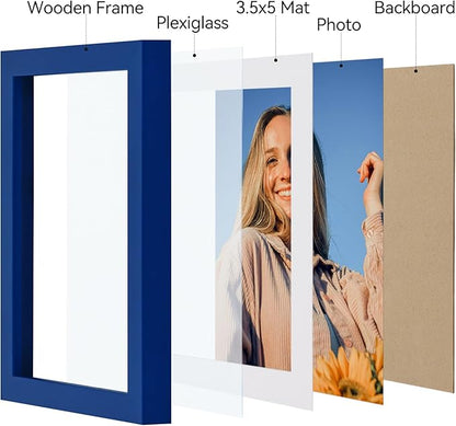 Vittanly 4x6 Picture Frames Set of 4, Display Pictures 3.5x5 with Mat or 4x6 without Mat, Small Photo Frames for Wall or Tabletop Display, Engineered Wood with Shatter Resistant Plexiglass, Royal Blue