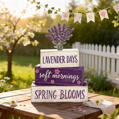 Spring Decoration Wooden Tiered Tray Decor – Rustic Lavender Days Stacked Block Sign with Lavender Flower Topper – Farmhouse Tabletop Spring Decor for Living Room Shelf Kitchen Coffee Bar Seasonal Home Display