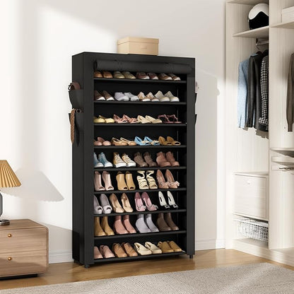 Shoe Rack with Cover Narrow Shoe Organizer with Pockets 10 Tier Tall Shoe Storage Holds 36-41 Pairs Shoes and Boots Shoe Rack for Closet Entryway Garage, Black