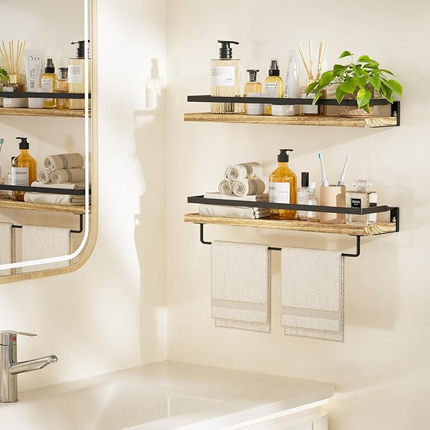AMADA HOMEFURNISHING Bathroom Shelves with Towel Bar, Floating Shelves, Wall Shelves for Bathroom/Living Room/Kitchen/Bedroom, Light Brown, Set of 2 - AMFS01