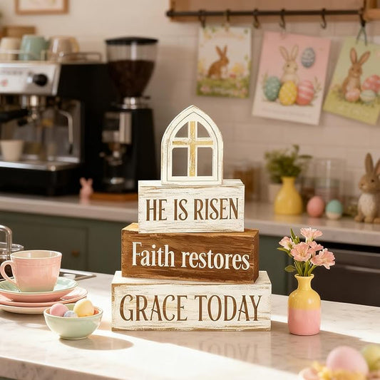 Easter Decorations - He Is Risen Cross Tiered Tray Decor - Faith Restores Grace Today Religious Wooden Tabletop Sign - Farmhouse Easter Christian Home Decor Indoor - Spring Home Decor for Living Room, Kitchen Counter, Seasonal Farmhouse Display