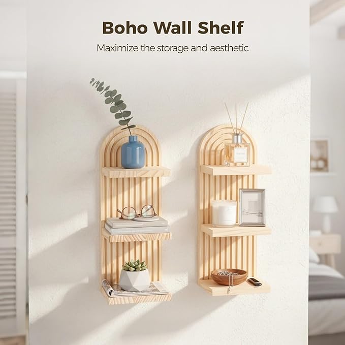 2 Pcs Boho Wall Shelf, Arched Wood Floating Shelf 3 Tier, Arch Wall Decor, Bohemian Style Wooden Wall Mounted Storage Shelf for Living Room, Bedroom, 5.9 x 4.3 x 15.7 in
