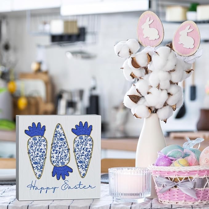 Happy Easter Sign Easter Table Decor Carrot Decor Blue And White Chinoiserie Decor Wooden Box Sign for Home Office Bedroom Living Room Desk Shelves