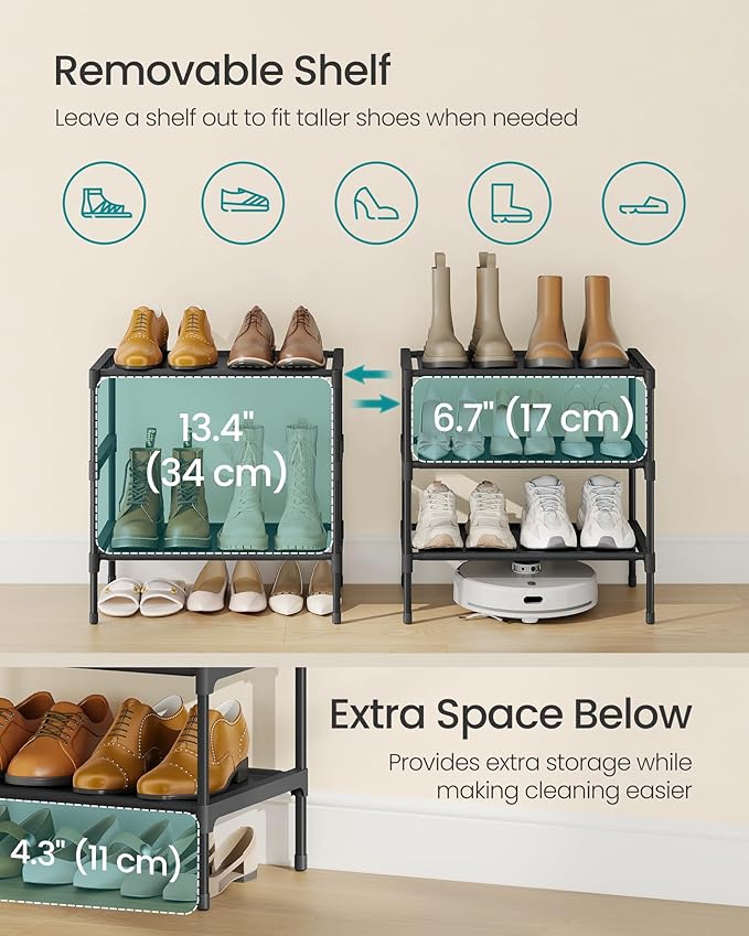 SONGMICS Shoe Rack, 3-Tier Shoe Storage Organizer, Space-Saving, 11.7 x 16.5 x 19.1 Inches, Entryway, Metal Frame, Non-Woven Fabric Shelves, Ink Black ULSH013BH01