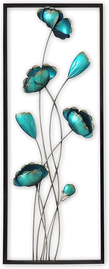 All American Collection New Modern Chic Aluminum/Metal Wall Decor Frame 12"x30" (Turquoise Closed Flowers)