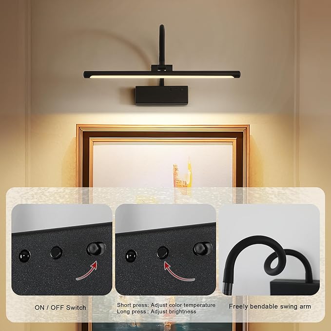 JOOSENLUX Wireless Picture Light - Battery Operated Black Wall Light with Remote Control - Dimmable Timer - 15.94” Display - Flexible Neck Swing Arm - Art Gallery Light