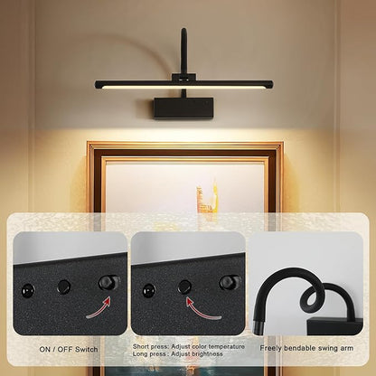 JOOSENLUX Wireless Picture Light - Battery Operated Black Wall Light with Remote Control - Dimmable Timer - 15.94” Display - Flexible Neck Swing Arm - Art Gallery Light