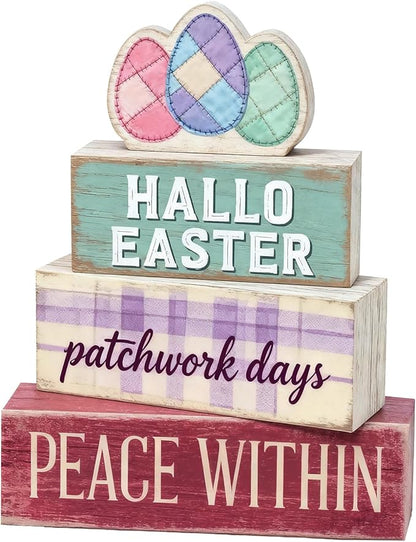 Easter Decorations - Easter Eggs Patchwork Tiered Tray Decor - Wooden Easter Tabletop Sign - Rustic Farmhouse Spring Home Decor Indoor for Tiered Tray Shelf Mantel Entryway Coffee Table - Spring Home Decor for Living Room, Kitchen Counter