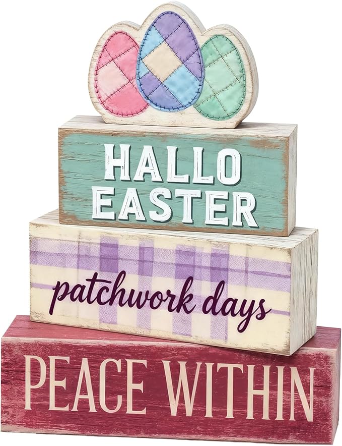Easter Decorations - Easter Eggs Patchwork Tiered Tray Decor - Wooden Easter Tabletop Sign - Rustic Farmhouse Spring Home Decor Indoor for Tiered Tray Shelf Mantel Entryway Coffee Table - Spring Home Decor for Living Room, Kitchen Counter