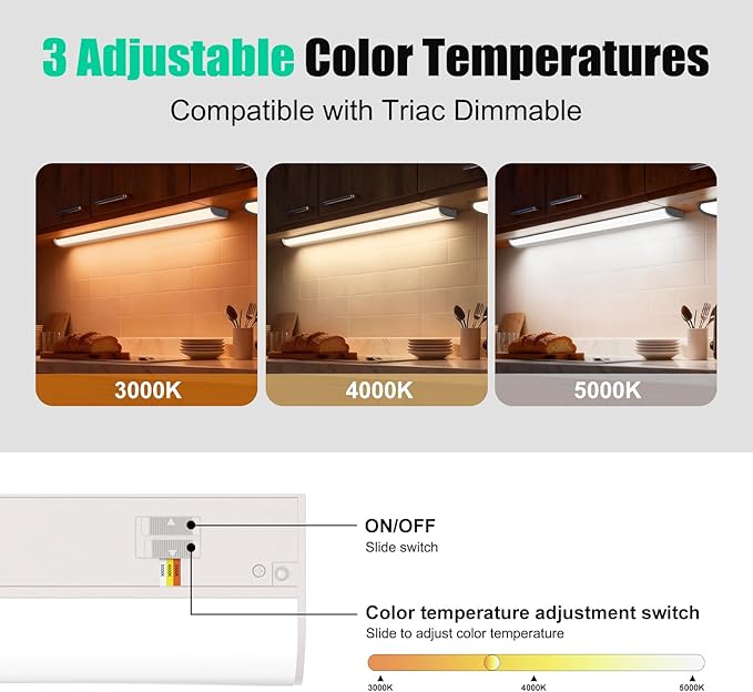 24 Inch LED Under Cabinet Light, Plug in Kitchen Lighting, 3CCT Selectable (3000K/4000K/5000K), CRI94 High Color Accuracy, Linkable, Slim Design, Matte White