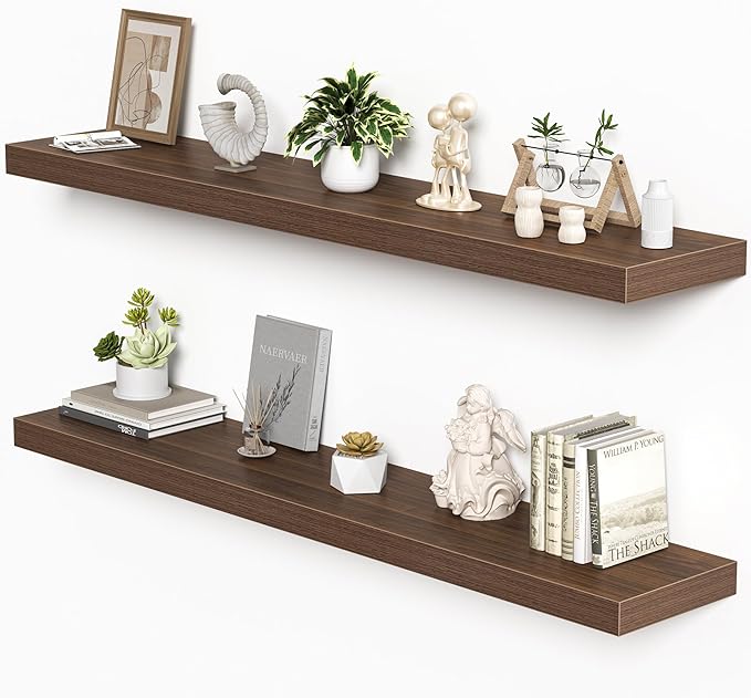 Floating Shelves for Wall, 55"W x 9.3"D x 1.5"H, Long Wooden Wall Mounted Display Shelves with Invisible Brackets for Living Room, Bedroom, Bathroom, Kitchen Decor and Storage, Set of 2, Walnut