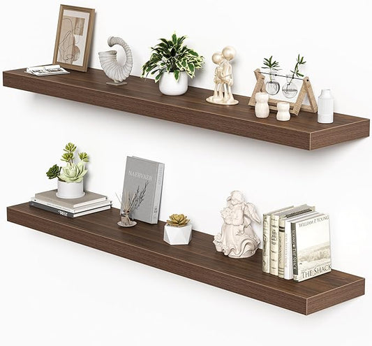 Floating Shelves for Wall, 55"W x 9.3"D x 1.5"H, Long Wooden Wall Mounted Display Shelves with Invisible Brackets for Living Room, Bedroom, Bathroom, Kitchen Decor and Storage, Set of 2, Walnut