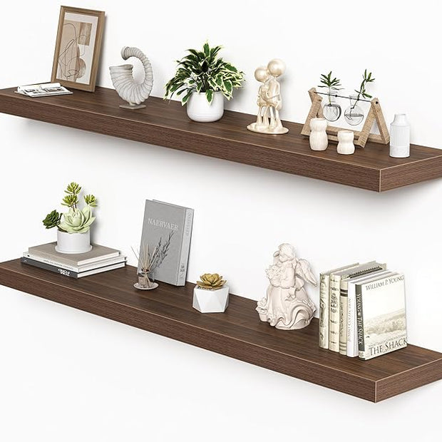 Floating Shelves for Wall, 55"W x 9.3"D x 1.5"H, Long Wooden Wall Mounted Display Shelves with Invisible Brackets for Living Room, Bedroom, Bathroom, Kitchen Decor and Storage, Set of 2, Walnut