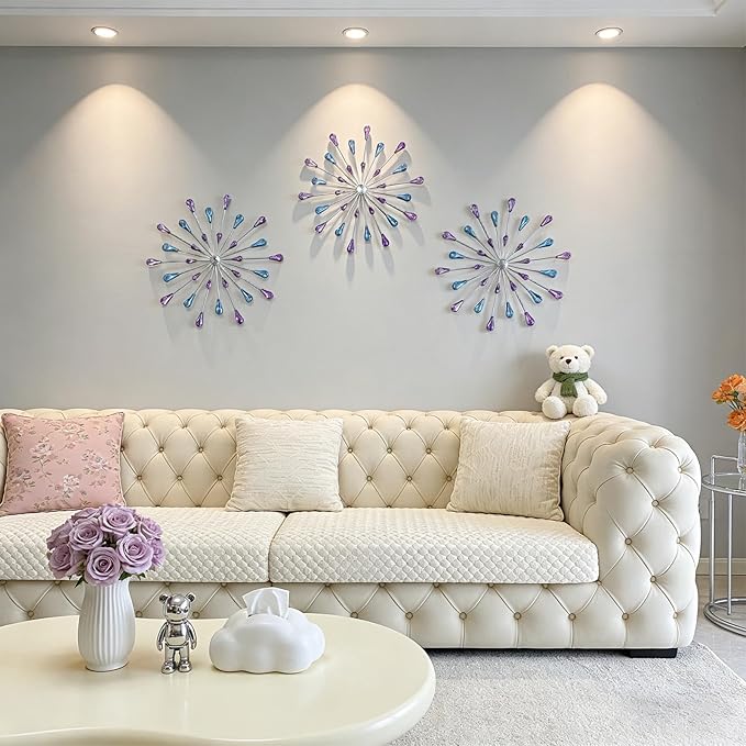 ZEXUIRU 3 Pack Silver Sunburst Wall Decor – Metal Crystal Wall Art with Sparkling Rhinestones, 14’’/18 Inch Starburst Wall Hanging Set for Living Room Bedroom Bathroom – Modern Bling Home Decorations
