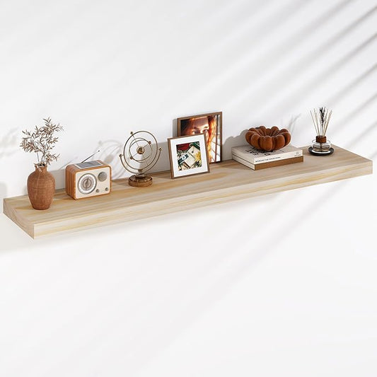 Fun Memories Floating Shelves, 9.3 Inch Deep Solid Pine Wood Wall Shelves for Storage, Wall Mounted Display Shelf with Invisible Heavy-Duty Metal Bracket, 55 Inch Width, Unfinished - DIY Stain
