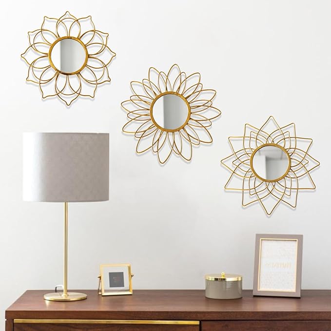 Champagne Gold Round Mirrors for Wall Pack of 3 - | 9 inch Decorative Mirrors for Valentine Wall Decor& Vintage Room Decor | Circle Mirror Modern Valentine Gifts for Women & Moms