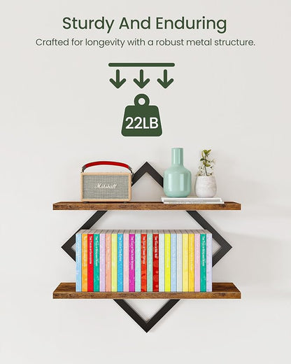 Floating Shelves, Set of 2 Wall Shelves, 2-Tier Hanging Shelves, Wall Shelf Set of 2, Wall Mounted Shelves, for Living Room, Bedroom, Kitchen, Office, Study, Rustic Brown TBJ01P2BF