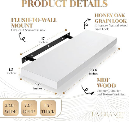LA GRANGE RANGE® 23.6" Floating Shelves For Wall, 2x Pack Wall Shelves for Storage & Décor, Perfect for Bathroom, Bedroom, Kitchen, Living Room, Natural Wood Finish with Hidden Bracket (Glacial White)