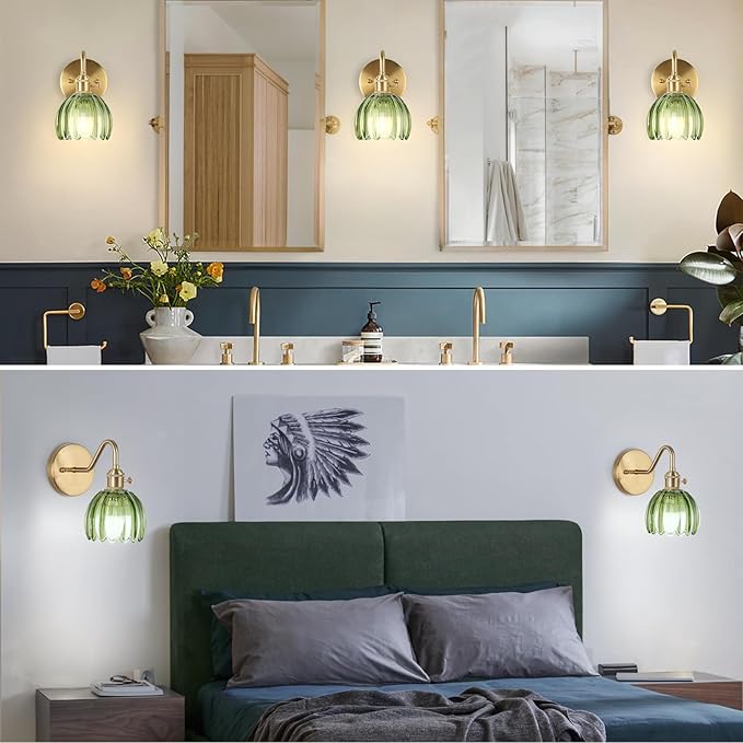 Battery Operated Wall Sconce Vintage,Battery Wall Sconces Set of Two with RGB Dimmable Remote Control,Rechargeable Wireless Wall Lights with Remote for Bedroom Living Room (Green)