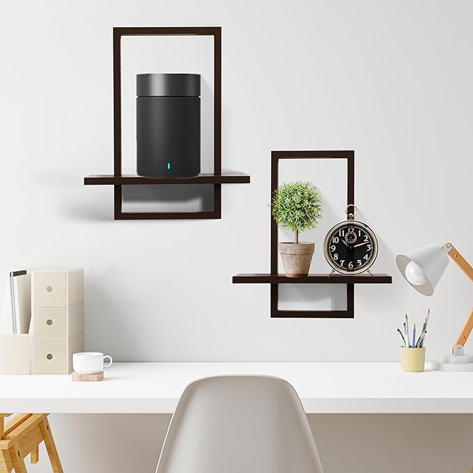 PHOENANCEE Square Floating Shelves,Wall Plants Holder,Bathroom Wall Decor,Framed Decorative Shelf Black,Modern Chic Set of 2 for Living Room Bedroom Home Office,Soild Wood,L+S(Walnut