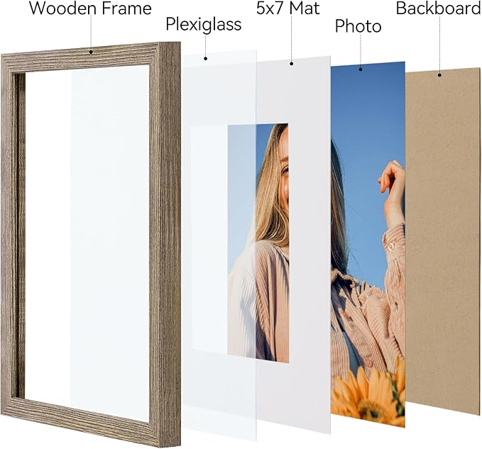 Vittanly 8x10 Picture Frames Set of 4, Display Pictures 5x7 with Mat or 8x10 without Mat, Gallery Frame Set for Wall or Tabletop, Engineered Wood with Shatter Resistant Plexiglass, Grayish Brown