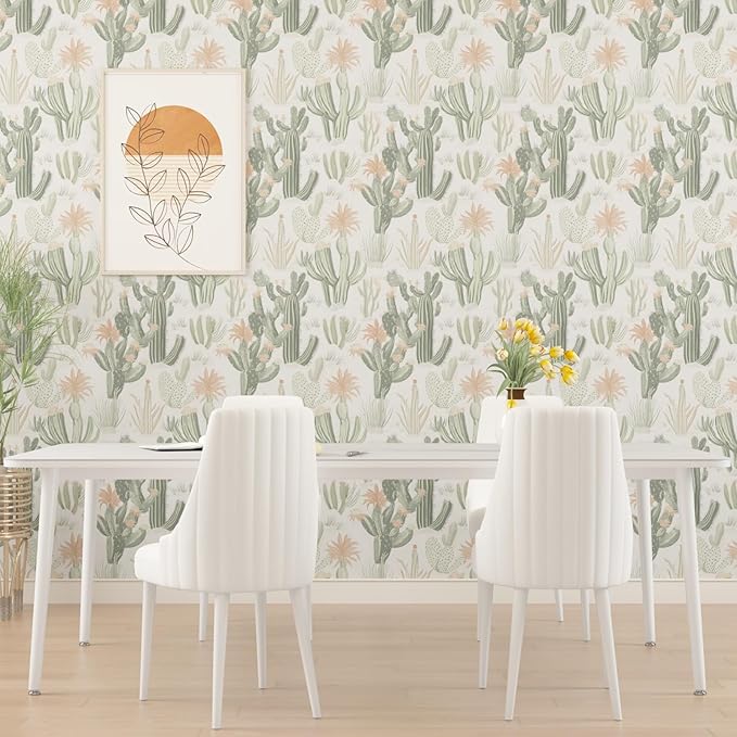 Cactus Wallpaper Peel and Stick, Beige Green Succulent Contact Paper, 17.5