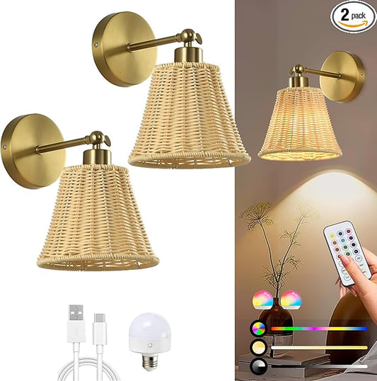 Battery Operated Wall Sconce Set of Two, Rechargeable Wall Sconces with Remote RGB 15 Colors Dimmable, Farmhouse Boho Wall Lights for Bedroom Living Room Entryway
