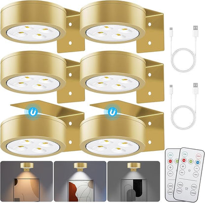 Picture Lights for Wall, 3 Lighting Modes Magnetic Art Display Light,Rechargeable Battery Operated Led Painting Light with Remote Control Dimmable & Timer,6Pack Gold