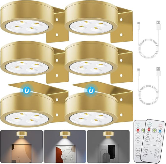 Picture Lights for Wall, 3 Lighting Modes Magnetic Art Display Light,Rechargeable Battery Operated Led Painting Light with Remote Control Dimmable & Timer,6Pack Gold
